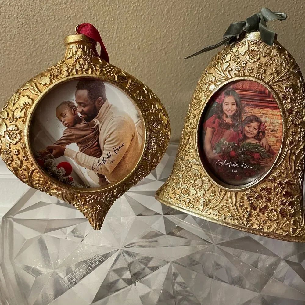 Sheffield Home Ornate Gold Ornament and Bell Shaped Picture Frames Velvet Bows